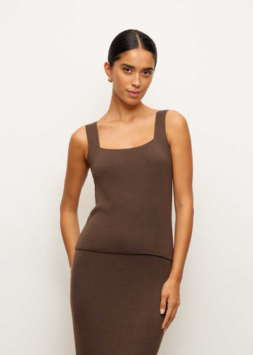 MOLLY top with square neckline in merino wool, chocolate