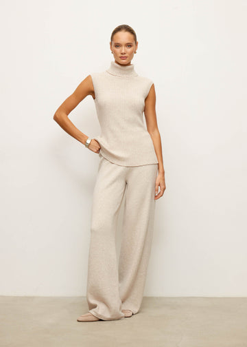 Tatum wide leg relaxed fit wool cashmere pants, pearl