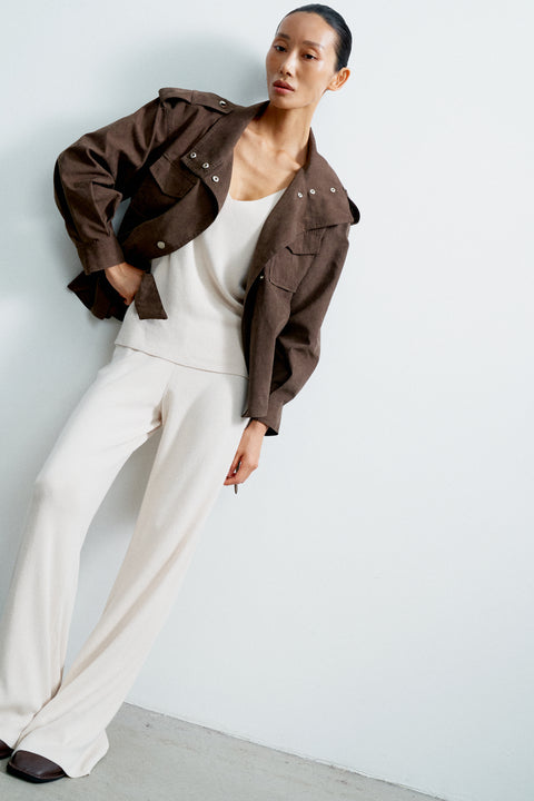 TEONA cropped trench coat, chocolate