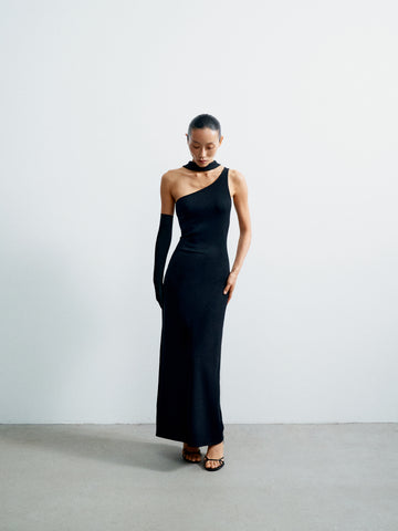 ALAYA one-shoulder dress with scarf, black