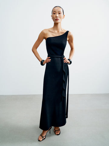 ALAYA one-shoulder dress with scarf, black