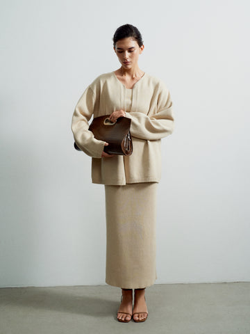 VALERA belted cardigan in cotton and wool, beige