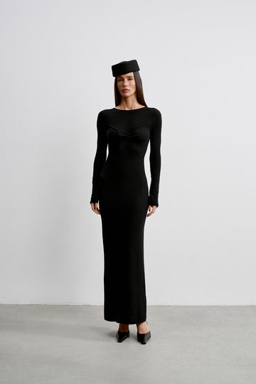 VIVIAN merino wool dress with twist detail, black