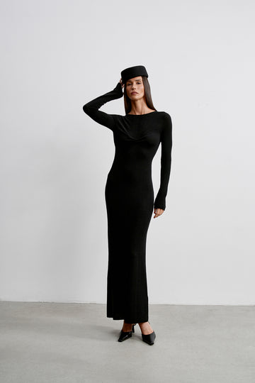 VIVIAN merino wool dress with twist detail, black