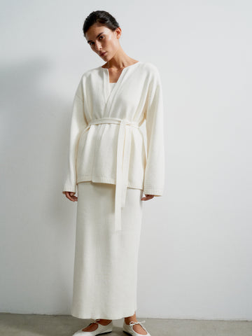 VALERA belted cardigan in cotton and wool, milk