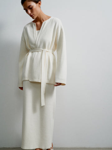 VALERA belted cardigan in cotton and wool, milk