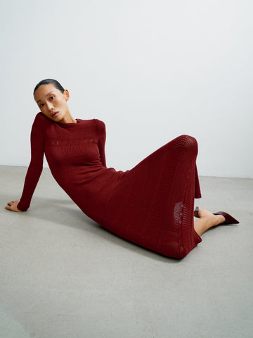 ZELMA lace-knit dress with geometric pattern, burgundy