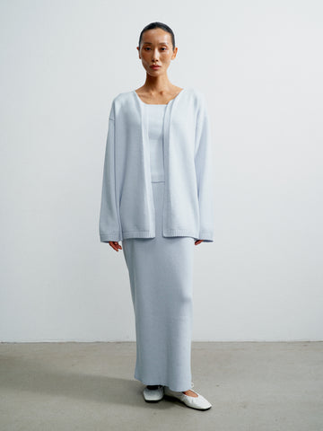VALERA belted cardigan in cotton and wool, light blue
