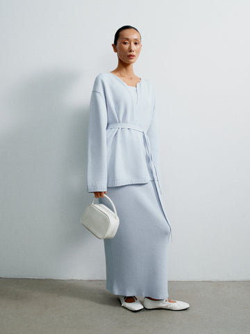 VALERA belted cardigan in cotton and wool, light blue