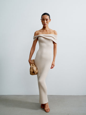 LEVANA off-shoulder draped dress, pearl
