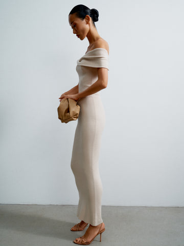 LEVANA off-shoulder draped dress, pearl