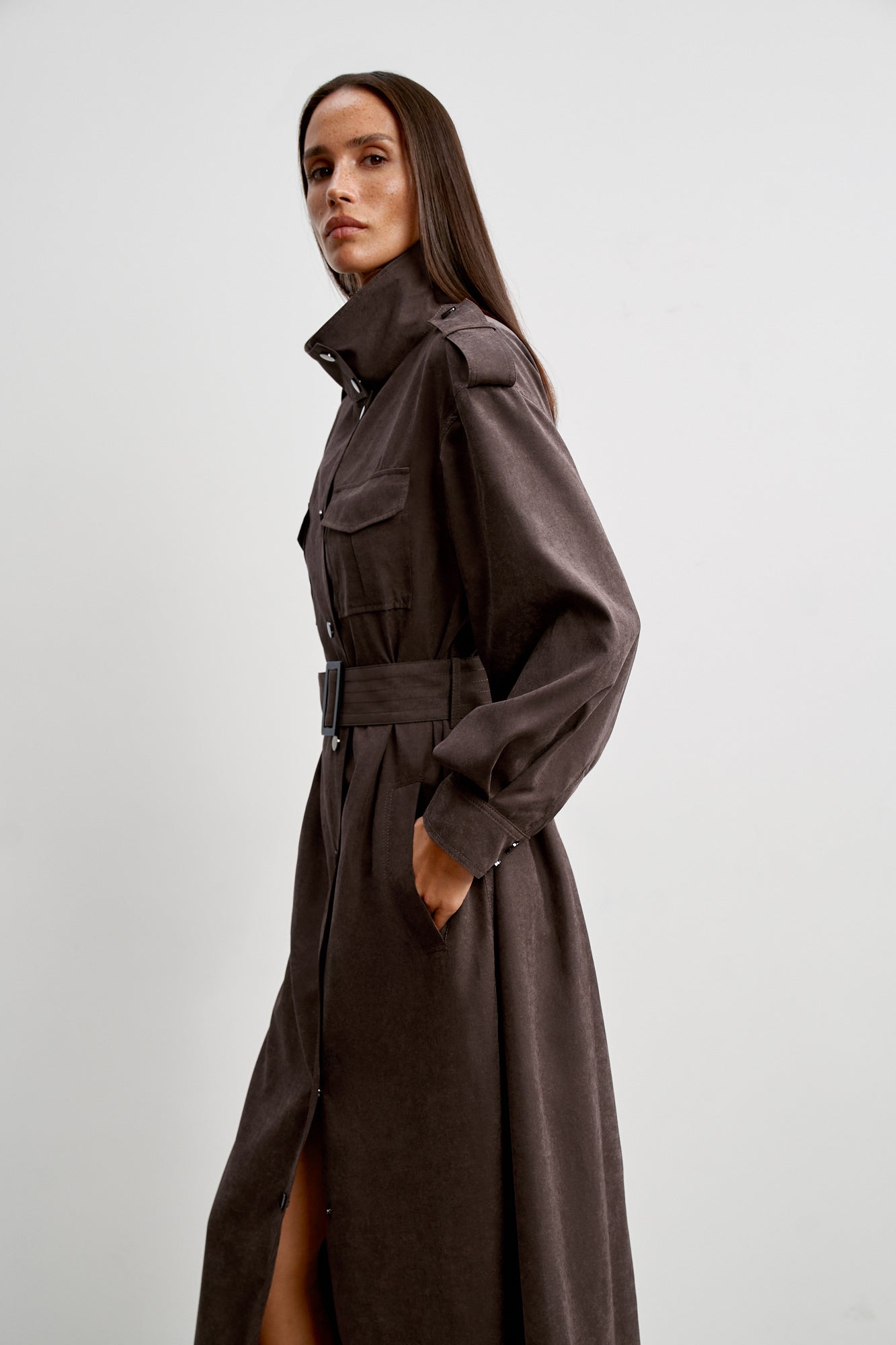 TEONA long trench coat, chocolate