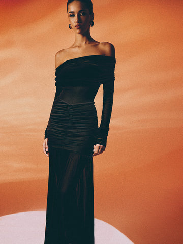 FLORENCE off-shoulder draped dress, black