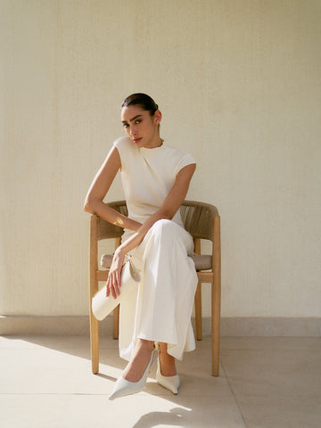 GWEN funnel-neck ribbed-skirt dress, milk