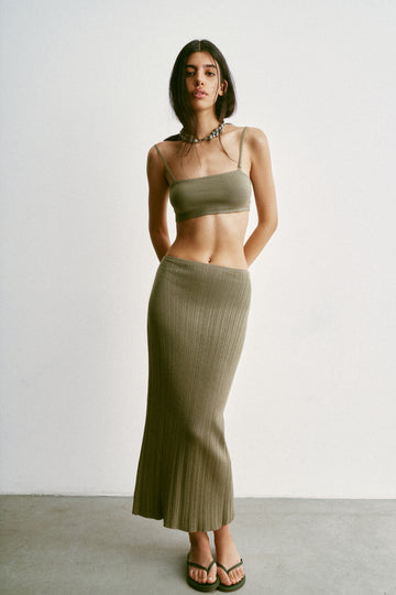 BALI ribbed knit skirt with slit, khaki