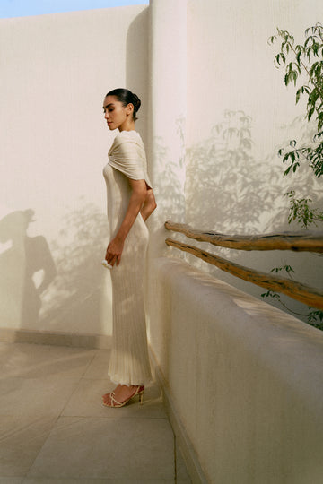 SHERINE draped lurex dress, champagne