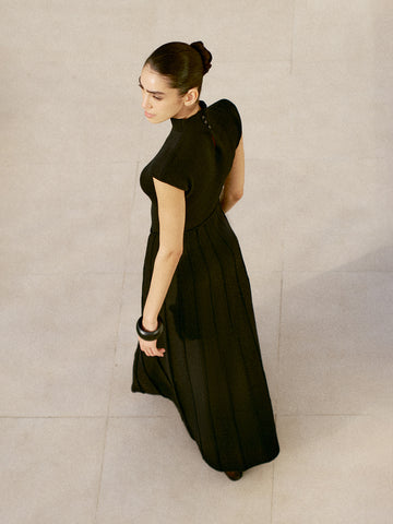 GWEN funnel-neck ribbed-skirt dress, black