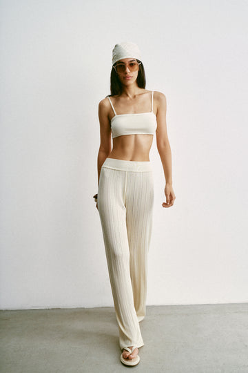 Bali flared ribbed cotton viscose pants, milk