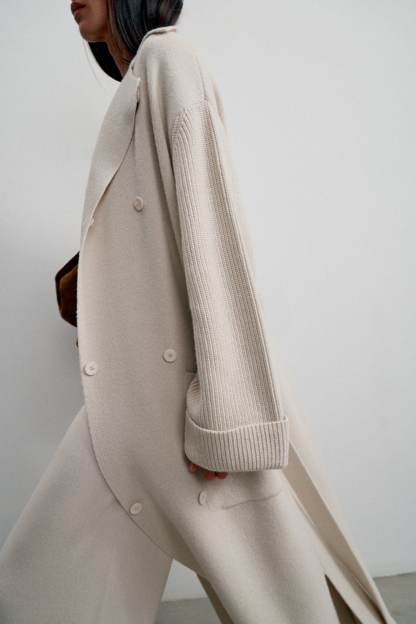 SAHAR oversized merino wool knit coat, pearl