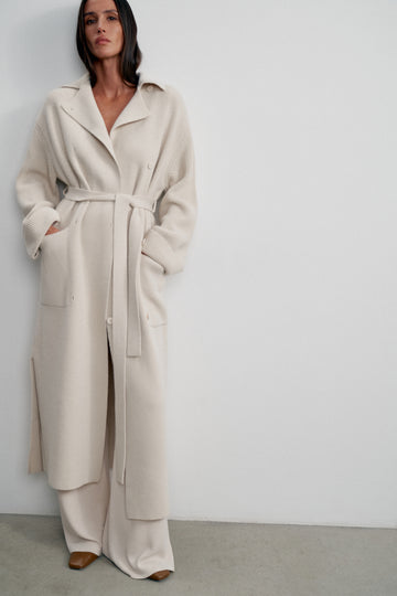 SAHAR oversized cardigan coat with belt, pearl