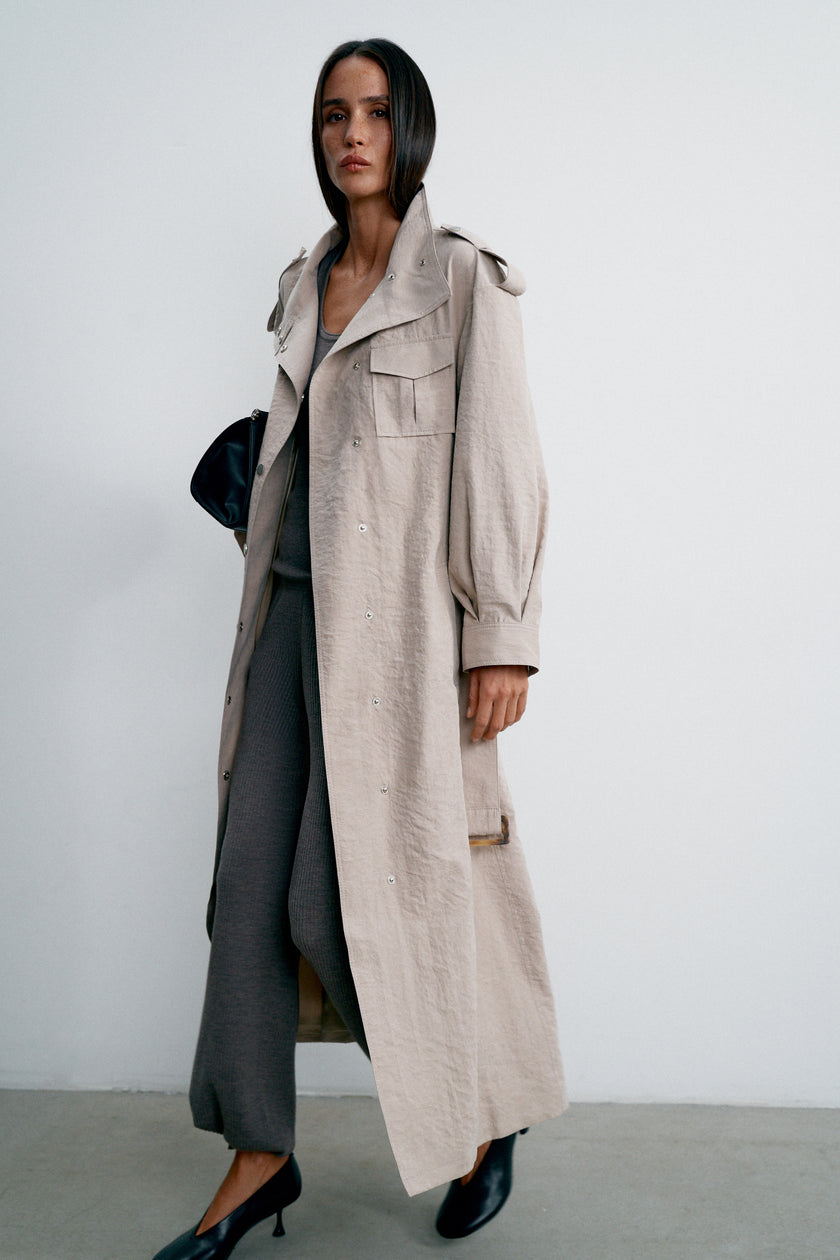 TEONA long safari-style cupro trench, beige