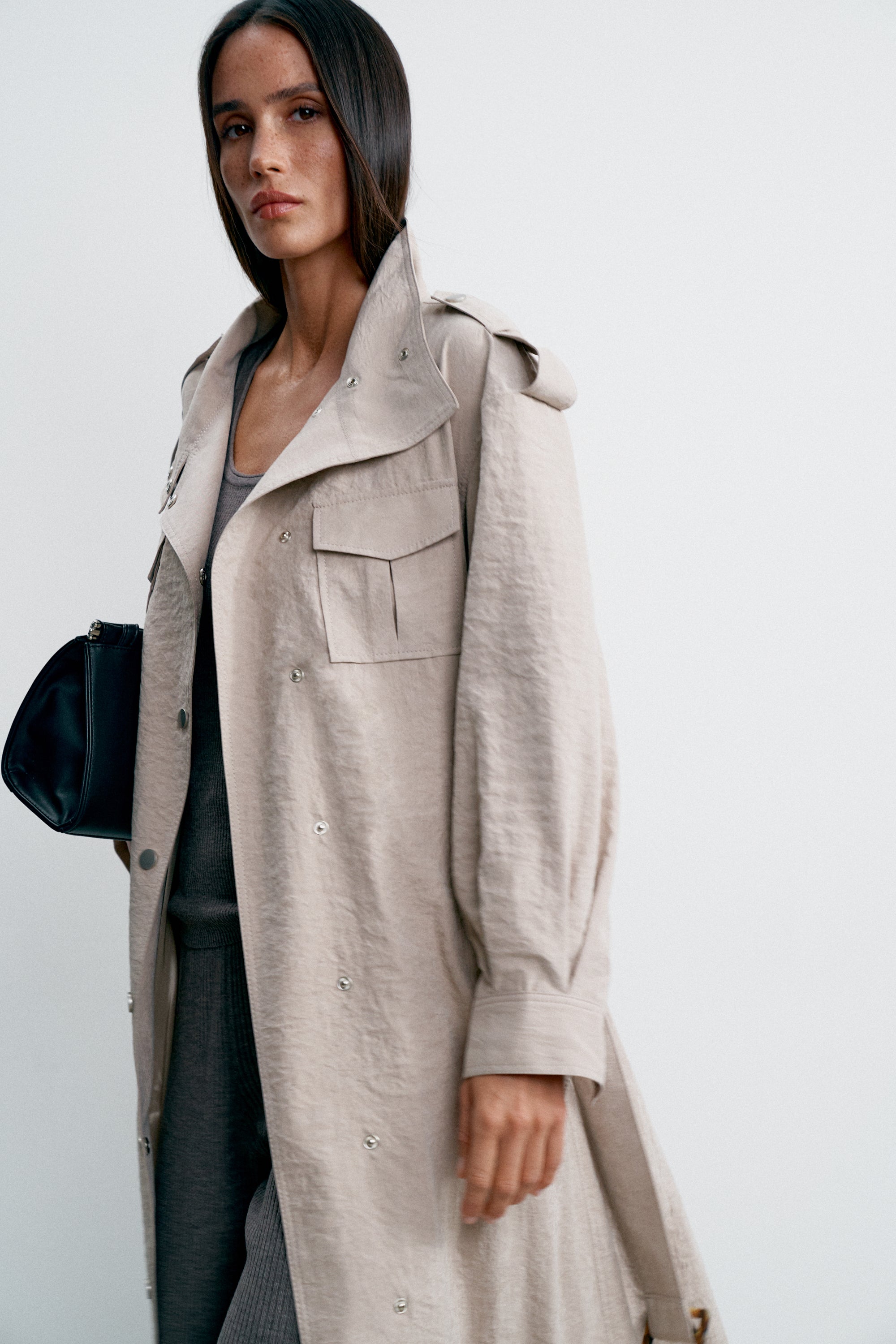 TEONA long safari-style cupro trench, beige