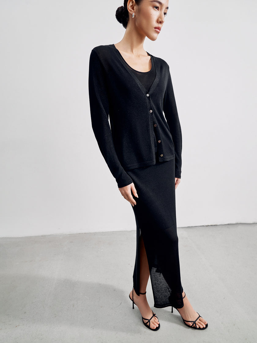 ESTELLE viscose lurex with side slits knit skirt, black