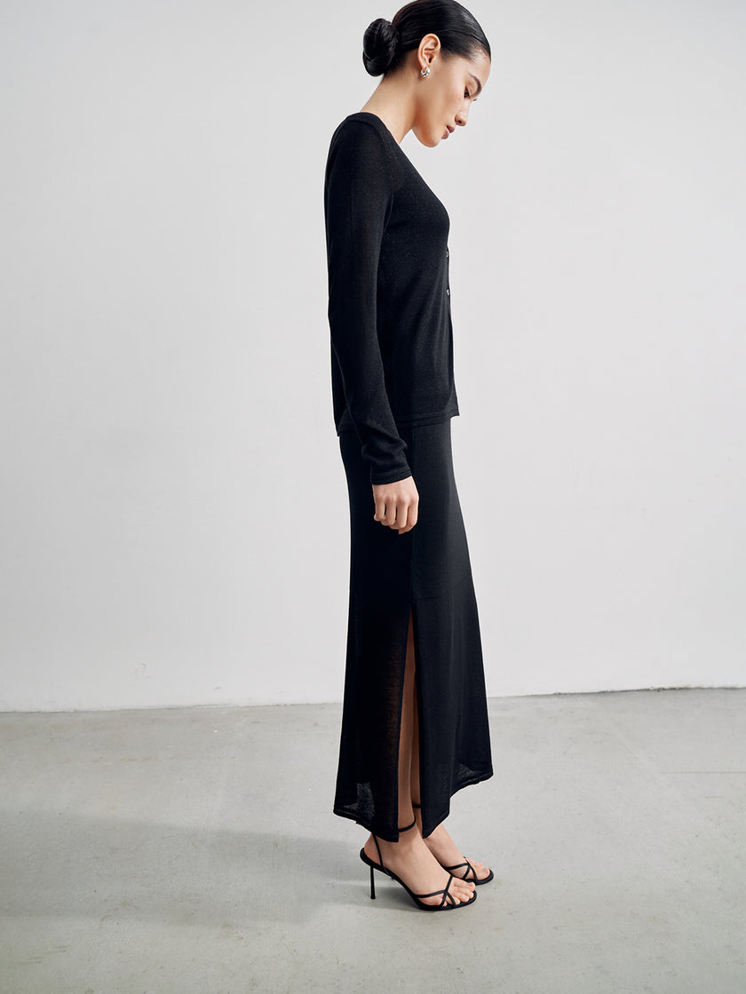 ESTELLE viscose lurex with side slits knit skirt, black