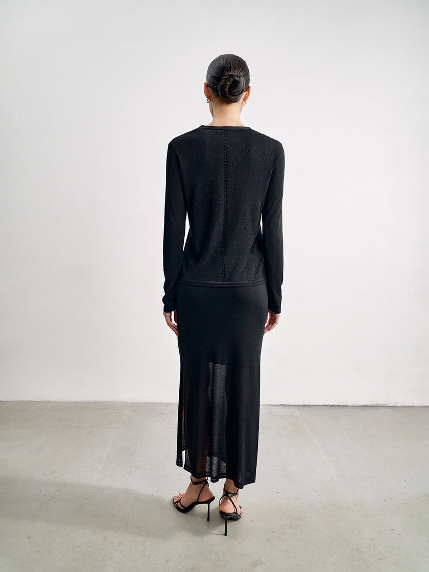 ESTELLE viscose lurex with side slits knit skirt, black