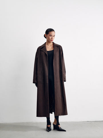 OLSEN longline eco-suede trench, chocolate