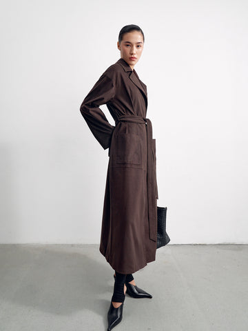OLSEN longline eco-suede trench, chocolate