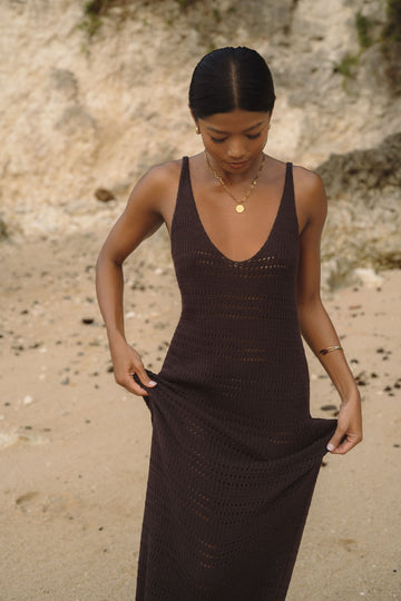 YASMEEN cotton lace-knit dress, dark chocolate