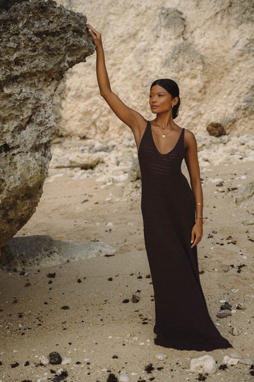 YASMEEN cotton lace-knit dress, dark chocolate