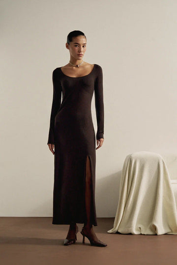 SABINE cashmere-blend deep-neck dress, dark chocolate