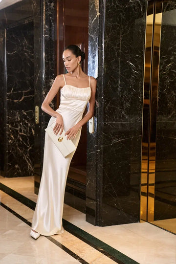 LAUREL satin-effect bustier dress, ivory