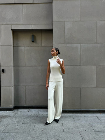 TATUM wide leg relaxed fit wool cashmere pants, milk