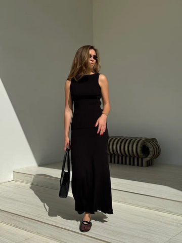 MISHA flared textured knit skirt, black