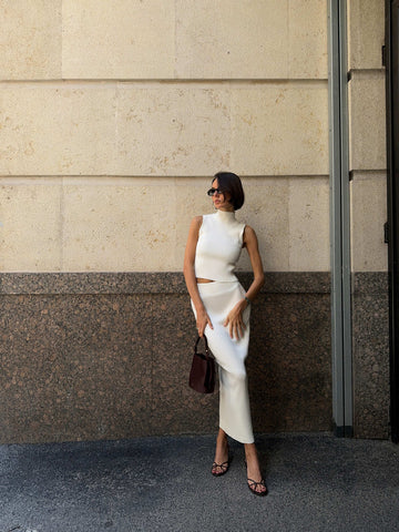 CLARE ribbed knit skirt with elastic waist, white