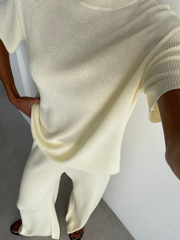 Khayal wide leg viscose pants with accent belt, vanilla