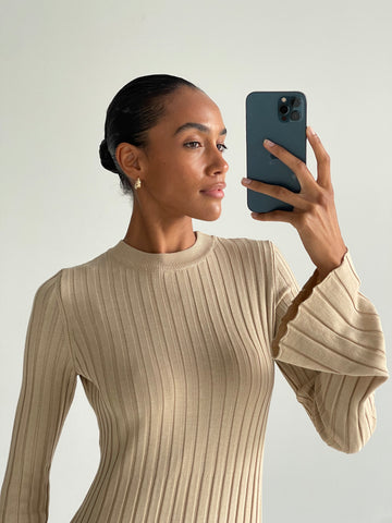 ZEENA flared-sleeve dress, light beige