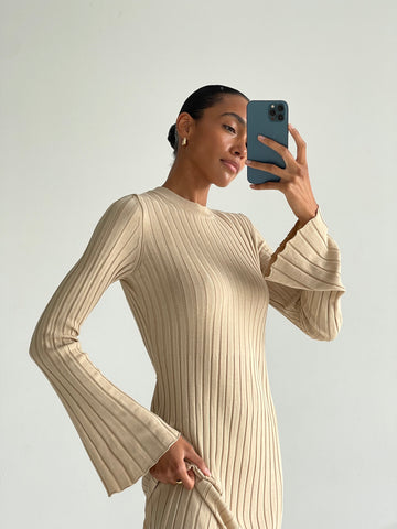 ZEENA flared-sleeve dress, light beige