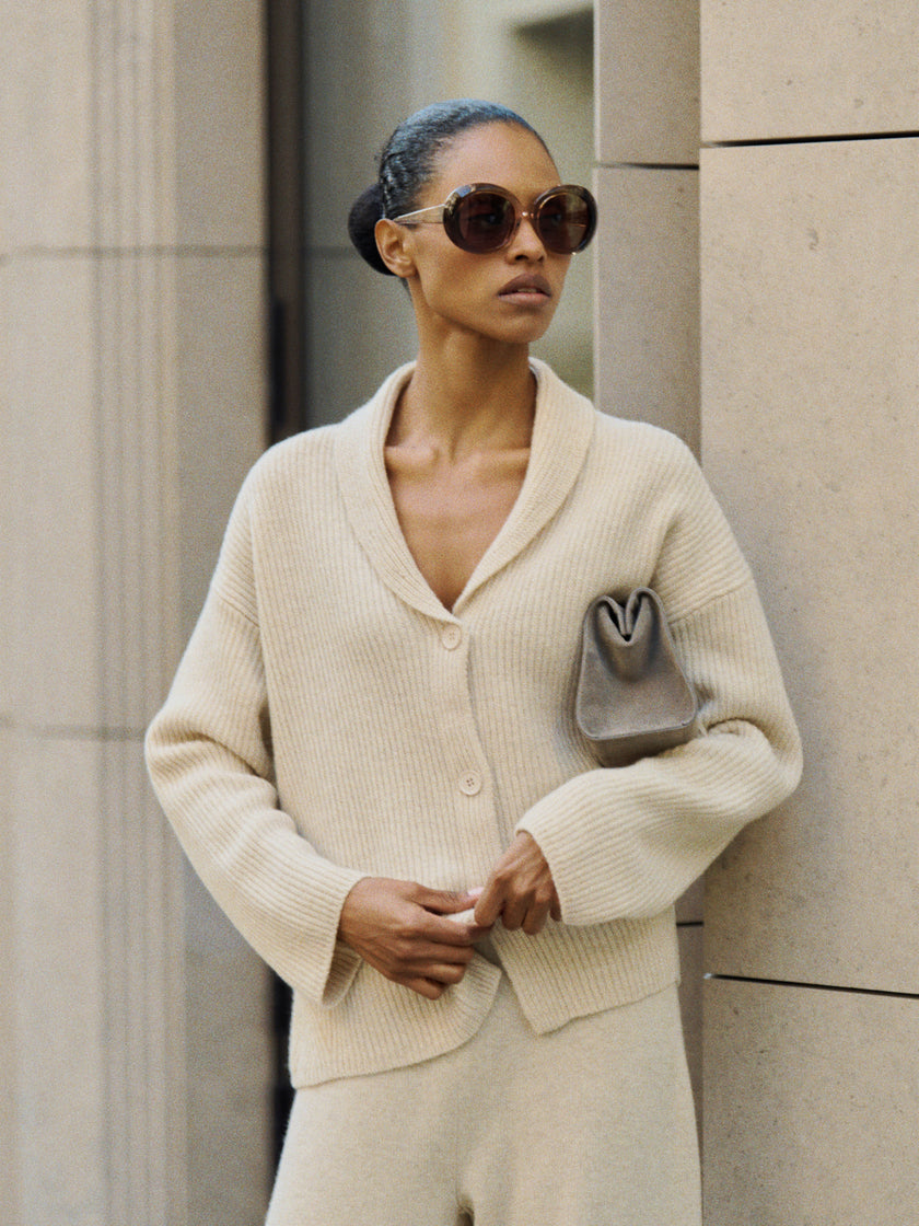 AMANDA shawl-collar cardigan, beige