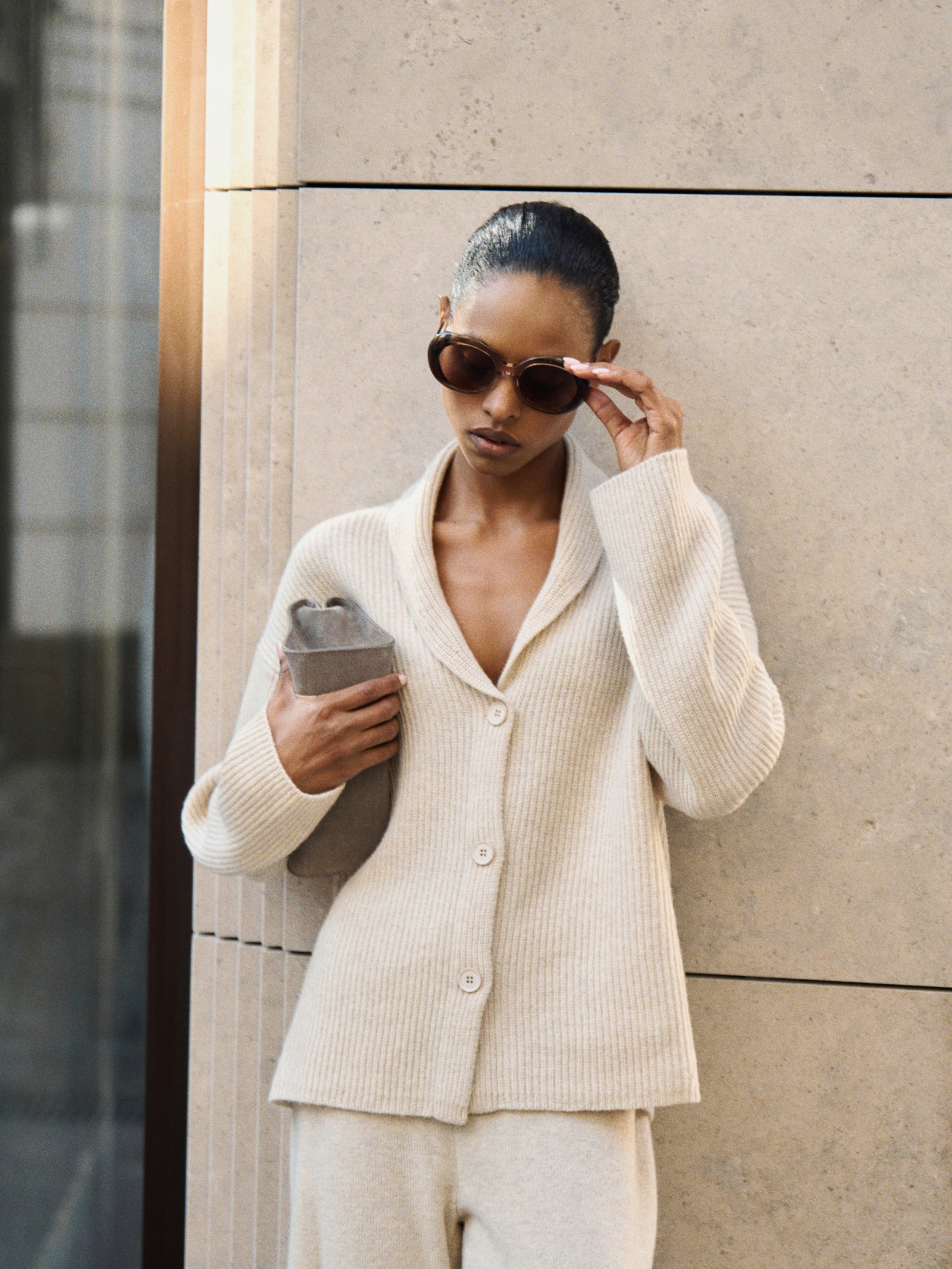 AMANDA shawl-collar cardigan, beige