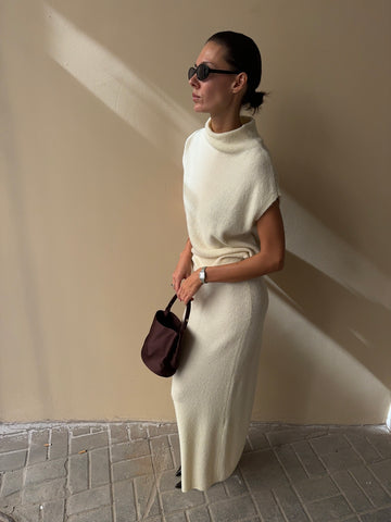 MIU high neck top in wool and alpaca, milk