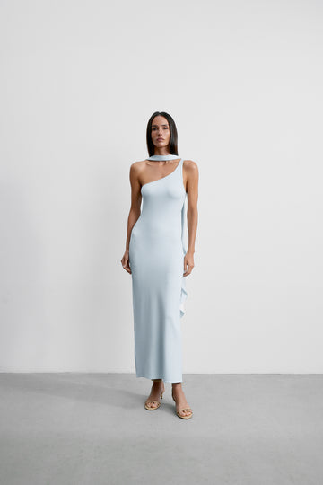 ALAYA one-shoulder dress with scarf, blue