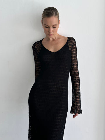 MOANA openwork knit dress with slip dress, black