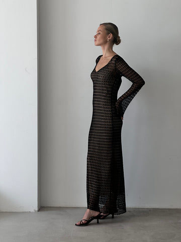 MOANA lace-knit dress with slip, beige