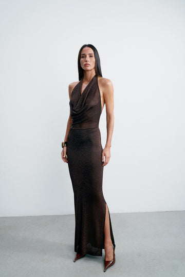 EVELYN lurex cowl-neck dress, chocolate