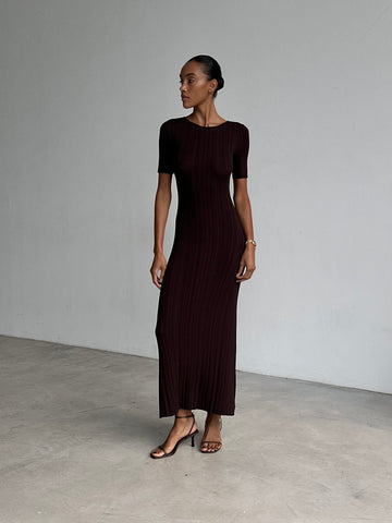 POLLY ribbed short-sleeve dress, chocolate