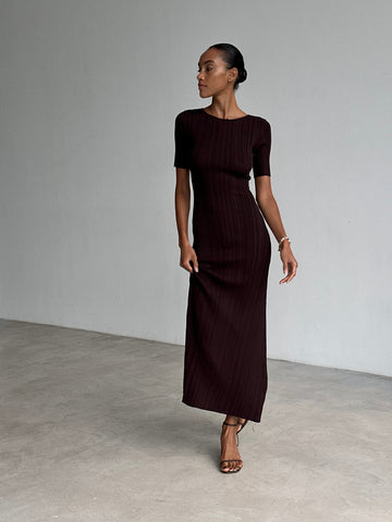 POLLY ribbed short-sleeve dress, chocolate